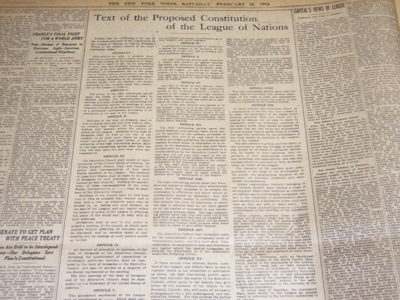 1919 FEBRUARY 15 NEW YORK TIMES - WILSON PRESENTS WORLD LEAGUE PLAN - NT 7966