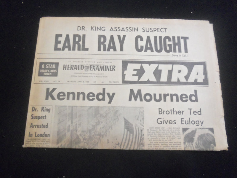 1968 JUNE 8 L. A. HERALD EXAMINER NEWSPAPER - ROBERT KENNEDY MOURNED - NP 5732