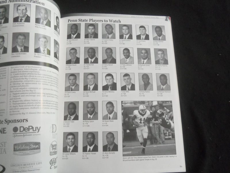 2003 SEP 13 FOOTBALL PROGRAM - UNIV OF NEBRASKA VS PENN STATE UNIV - B 5534S