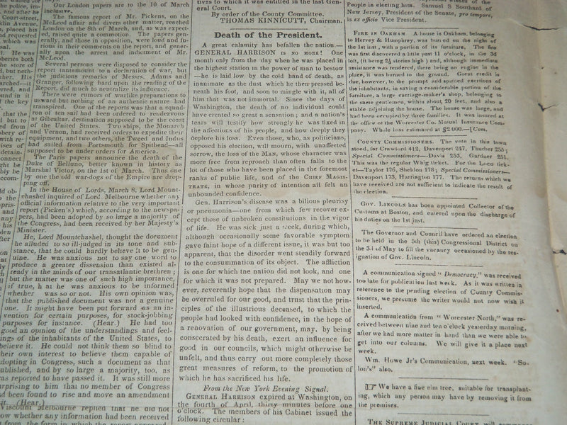 1841 APRIL 7 MASSACHUSETTS SPY NEWSPAPER - GENERAL HARRISON DEAD - NP 3968