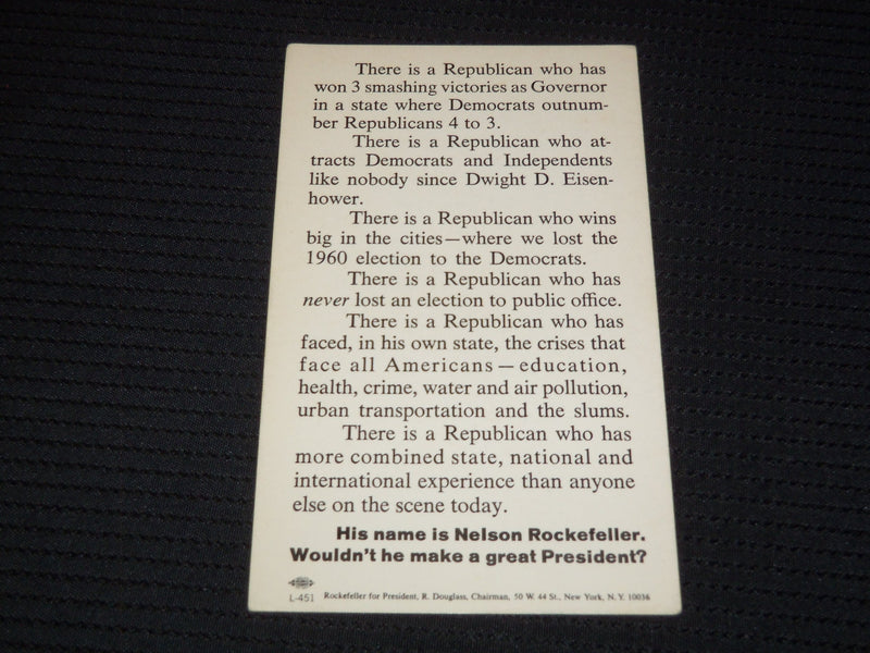 1960'S NELSON ROCKEFELLER CAMPAIGN CARD - J 9538