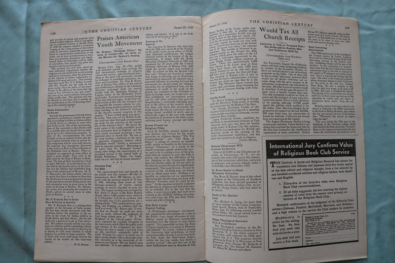 1934 AUGUT 29 THE CHRISTIAN CENTURY, A JOURNAL OF RELIGION SOFTCOVER - K 3303