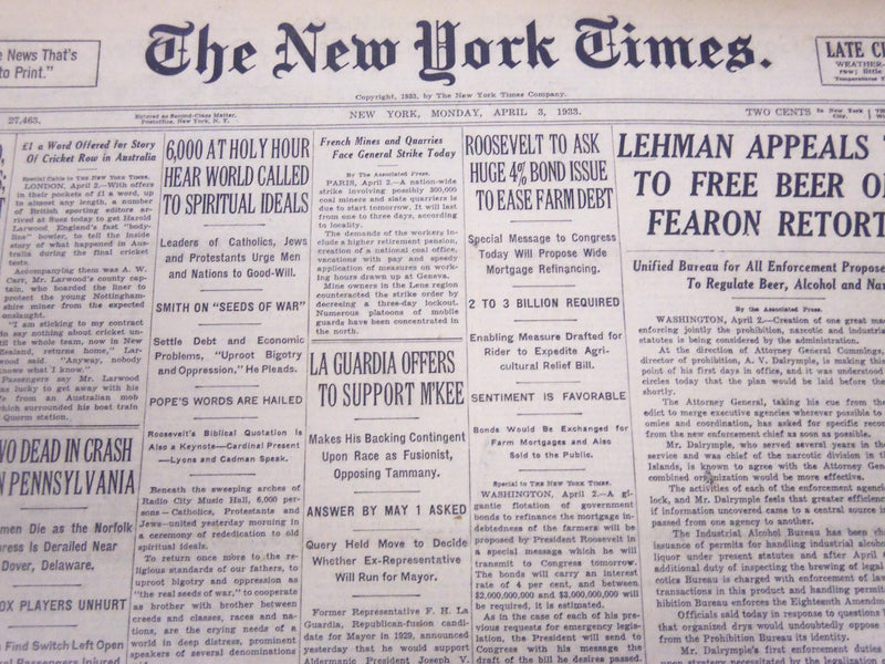 1933 APRIL 3 NEW YORK TIMES - LAGUARDIA OFFERS TO SUPPORT M'KEE - NT 5207