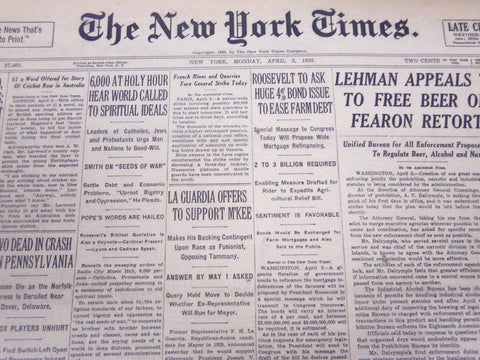 1933 APRIL 3 NEW YORK TIMES - LAGUARDIA OFFERS TO SUPPORT M'KEE - NT 5207