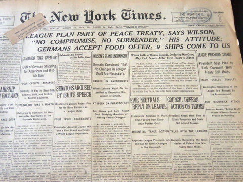 1919 MAR 16 NEW YORK TIMES LEAGUE PLAN PART OF PEACE TREATY SAYS WILSON- NT 6429
