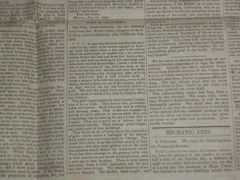 1848 DECEMBER 16 MASSACHUSETTS PLOUGHMAN NEWSPAPER - GOLD IN CALIFORNIA- NP 5158