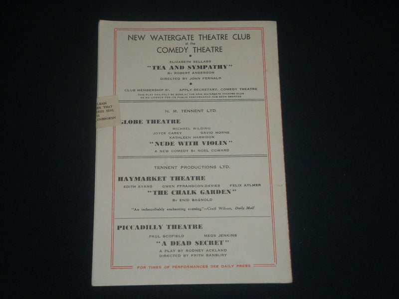 1957 NUDE WITH VIOLIN GLOBE THEATRE PROGRAM - COWARD - MICHAEL WILDING - J 4275