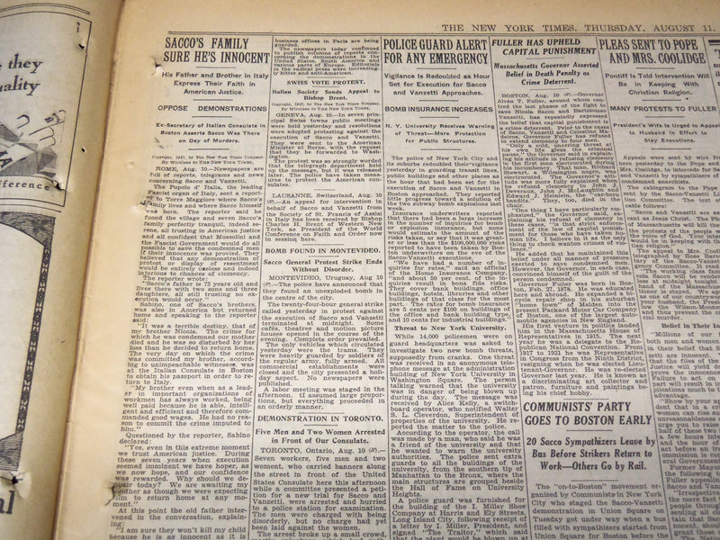 1927 AUGUST 11 NEW YORK TIMES - SACCO & VANZETTI REPRIEVED AT LAST HOUR- NT 9559
