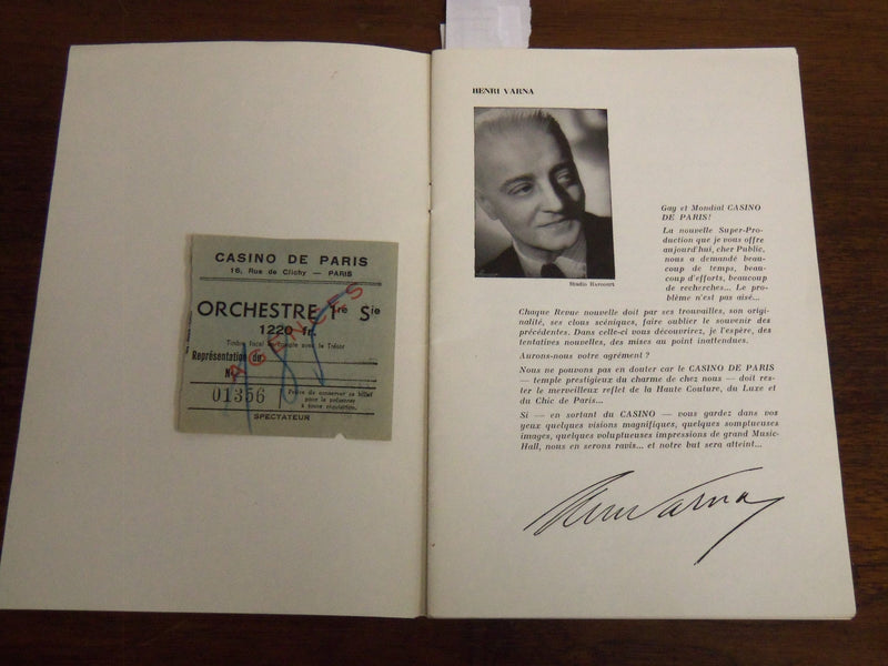1954 CASINO DE PARIS FRENCH THEATRE PROGRAM W/ TICKET STUB - K 1089