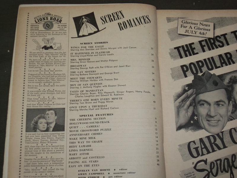 1942 JULY SCREEN ROMANCES MAGAZINE - ANN SHERIDAN & DENNIS MORGAN COVER - M 107