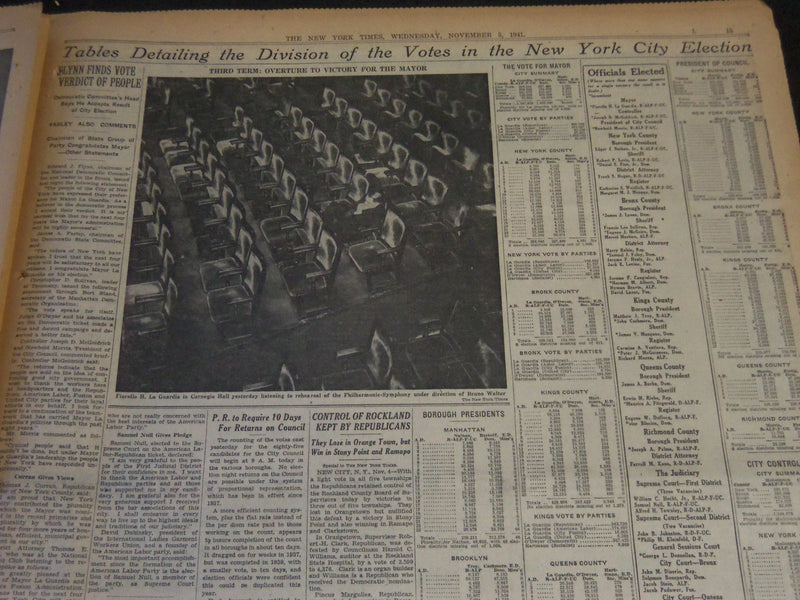 1941 NOV 5 NEW YORK TIMES - LA GUARDIA WINS A THIRD TERM BY 137,000 - NT 6314