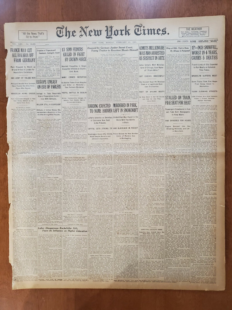 1921 FEBRUARY 21 NEW YORK TIMES - HARDING EXPECTED TO NAME HOOVER - NT 8134