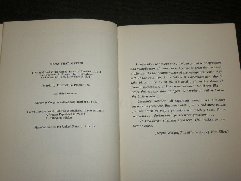1961 CONTEMPORARY ARAB POLITICS SOFTCOVER BOOK BY GEORGE KIRK - KD 6281