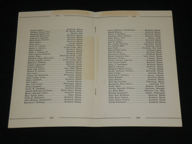 1967 ROCKFORD HIGH SCHOOL 1917 CLASS FIFTIETH ANNIVERSARY REUNION BOOK - J 6938