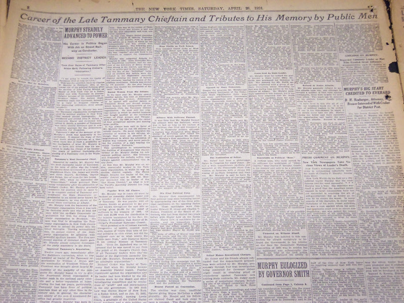 1924 APRIL 26 NEW YORK TIMES - CHARLES MURPHY DIES OF INDIGESTION - NT 5078