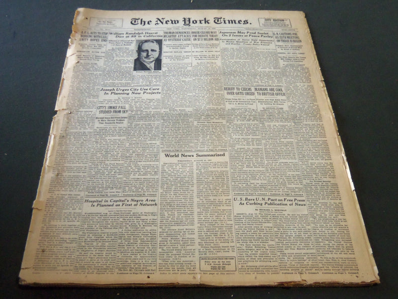 1951 AUGUST 15 NEW YORK TIMES - WILLIAM RANDOLPH HEARST DIES AT 88 - NT 5839