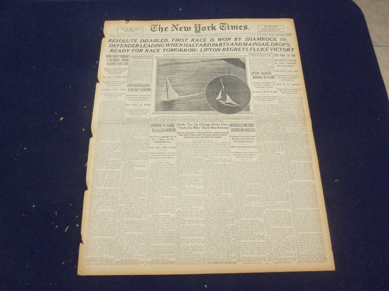 1920 JULY 16 NEW YORK TIMES - RESOLUTE DISABLED, SHAMROCK IV WINS - NT 9331