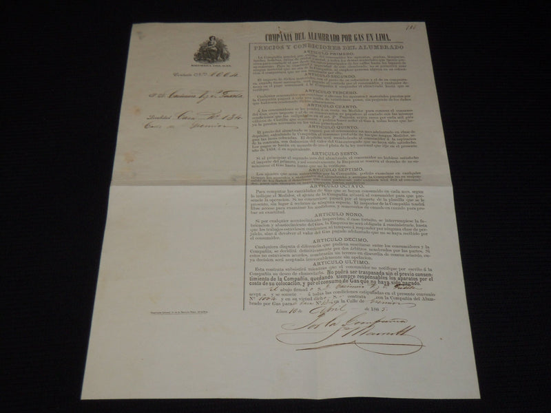 1865 COMPANIA DEL ALUMBRADO POR GAS EN LIMA - DOCUMENT - K 91