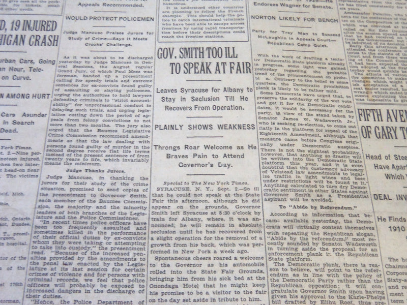 1926 SEPTEMBER 3 NEW YORK TIMES - GOV. SMITH TOO ILL TO SPEAK AT FAIR - NT 5600
