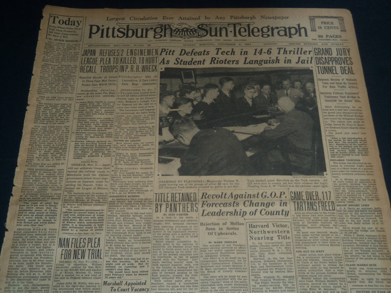 1931 NOV 8 PITTSBURGH SUN-TELEGRAPH - PITT DEFEATS TECH AS RIOTERS JAIL- NT 7529