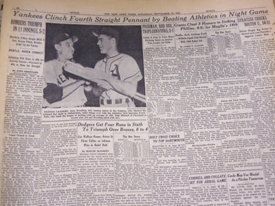 1952 SEPT 27 NEW YORK TIMES - YANKS WIN PENNANT BEAT ATHLETICS 5-2 - NT 4590