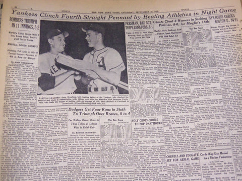 1952 SEPT 27 NEW YORK TIMES - YANKS WIN PENNANT BEAT ATHLETICS 5-2 - NT 4590