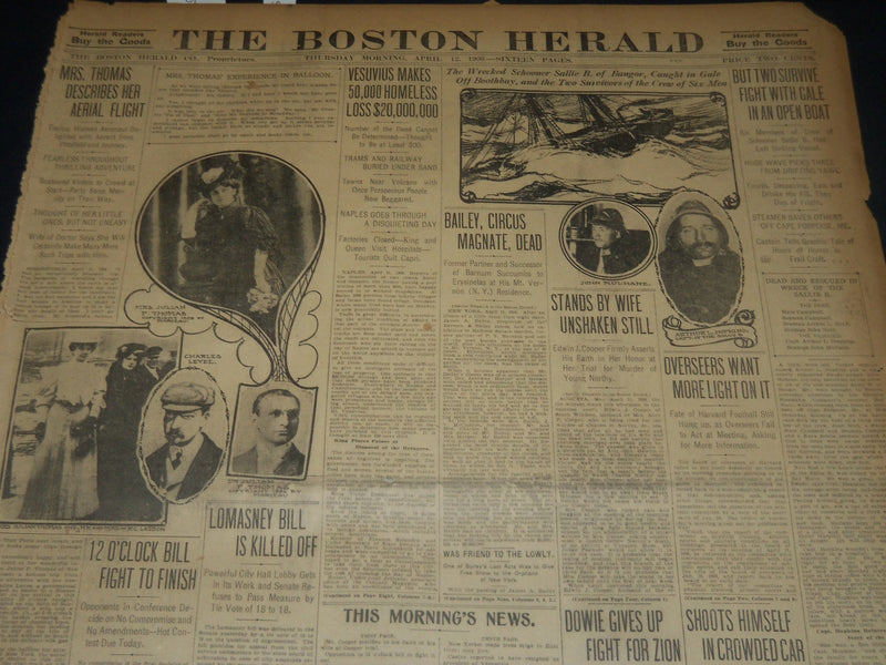 1906 APRIL 12 THE BOSTON HERALD NEWSPAPER - BAILEY, CIRCUS MAGNATE DEAD - BH 275