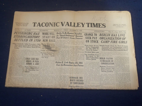 1929 DECEMBER 13 TACONIC VALLEY TIMES NEWSPAPER - BERLIN, NY - NP 3200O