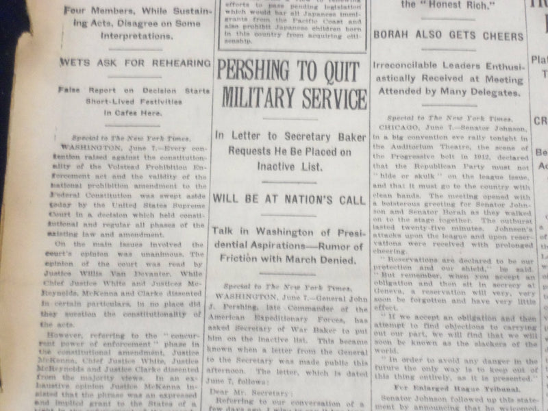 1920 JUNE 8 NEW YORK TIMES - PERSHING TO QUIT MILITARY SERVICE - NT 9108
