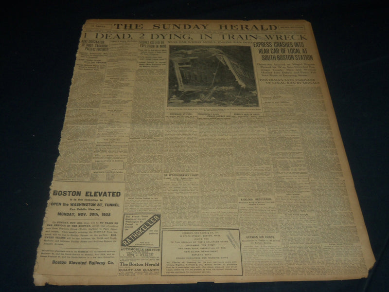 1908 NOVEMBER 29 THE BOSTON HERALD -TRAIN WRECK AT SOUTH BOSTON STATION - BH 216