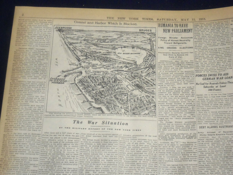 1918 MAY 11 NEW YORK TIMES - BRITISH SINK CRUISER AT OSTEND - NT 8178