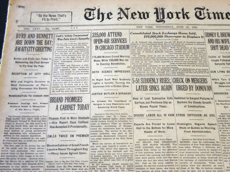 1926 JUNE 23 NEW YORK TIMES - BYRD AND BENNETT AWAIT CITY GREETING - NT 5606