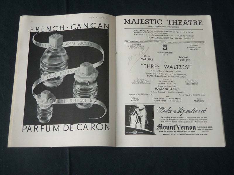 1934-1939 BROADWAY PROGRAMS LOT OF 3 - KITTY CARLISLE - RALPH BELL - J 3889