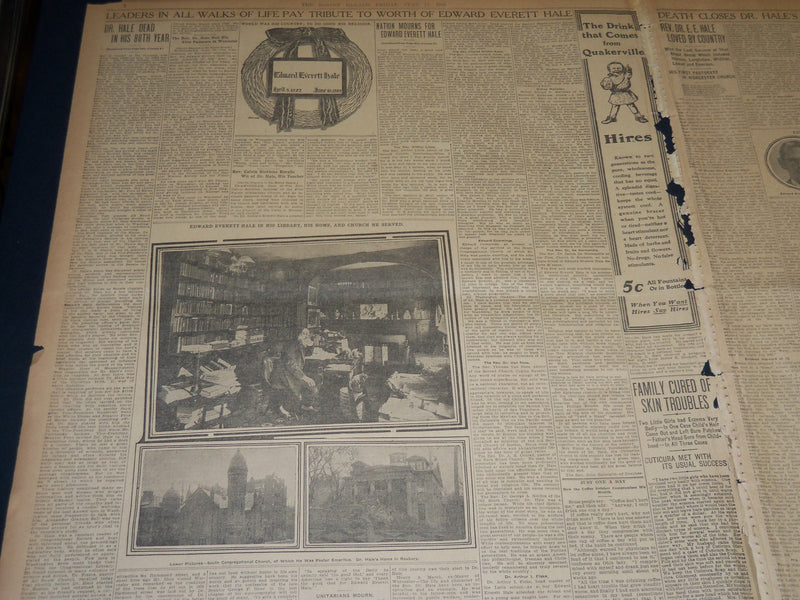 1909 JUNE 11 THE BOSTON HERALD - EDWARD EVERETT HALE DEAD AT 88 - BH 380