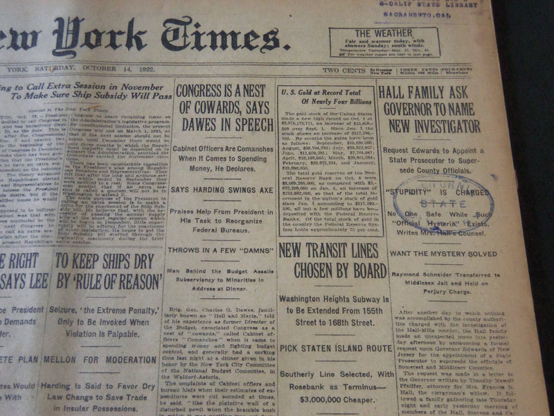 1922 OCT 14 NEW YORK TIMES - HALL FAMILY ASK GOVERNOR FOR INVESTIGATION- NT 5825