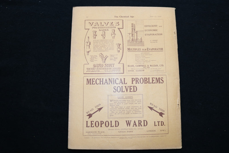 1922 JUNE 17 THE CHEMICAL AGE MAGAZINE - R.W. GREEFF & CO. COVER - SP 4924B
