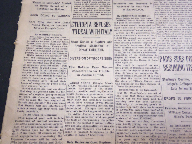 1935 MARCH 31 NEW YORK TIMES - ETHIOPIA REFUSES TO DEAL WITH ITALY - NT 4917