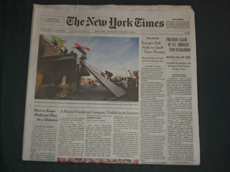 2020 JANUARY 2 NEW YORK TIMES - PRO-IRAN CLASH AT U.S. EMBASSY ENDS IN BAGHDAD