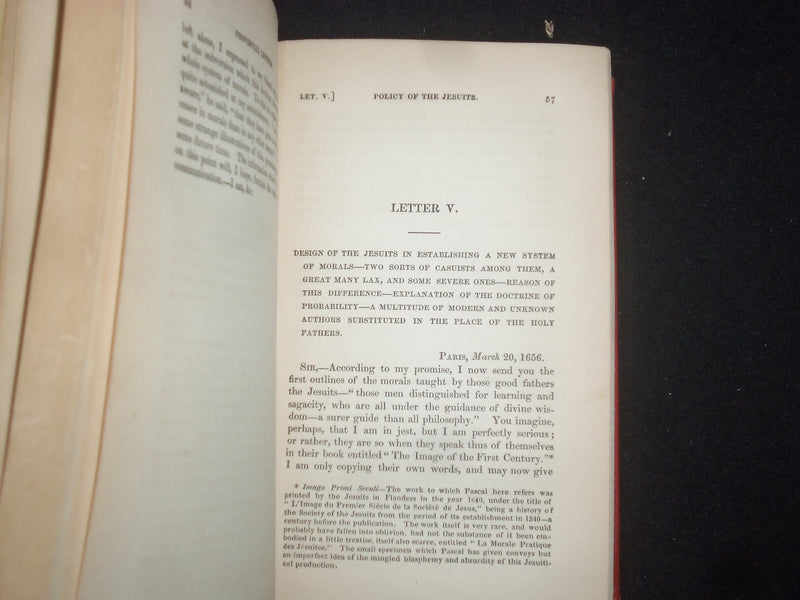 1847 PROVINCIAL LETTERS HARDCOVER BOOK BY BLAISE PASCAL - KD 9271