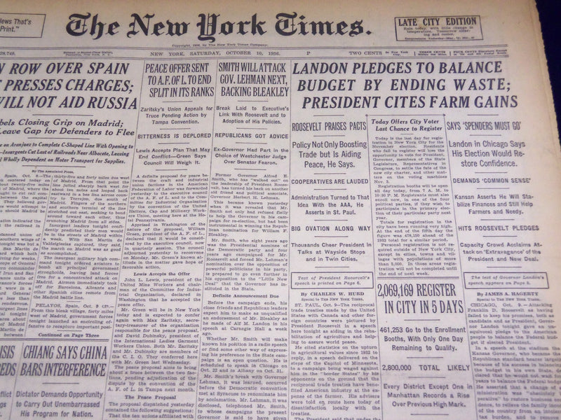 1936 OCT 10 NEW YORK TIMES - LANDON PLEDGES TO BALANCE BUDGET - NT 2119