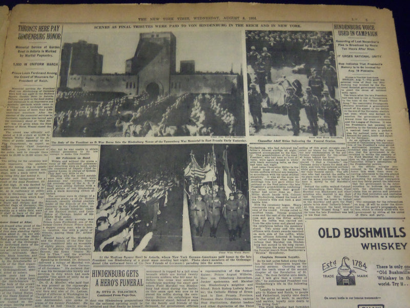 1934 AUGUST 8 NEW YORK TIMES - HINDENBURG RESTS ON SITE OF VICTORY - NT 1602