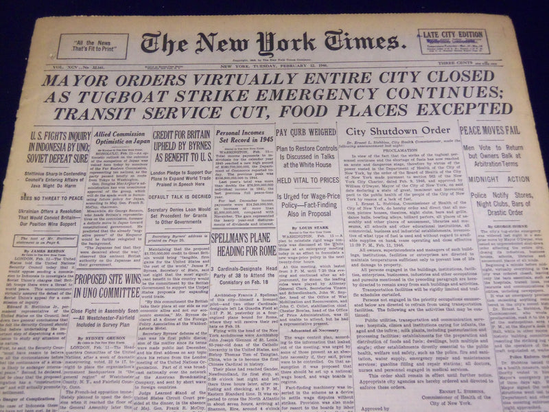 1946 FEB 12 NEW YORK TIMES MAYOR ORDERS VIRTUALLY ENTIRE CITY CLOSED - NT 893