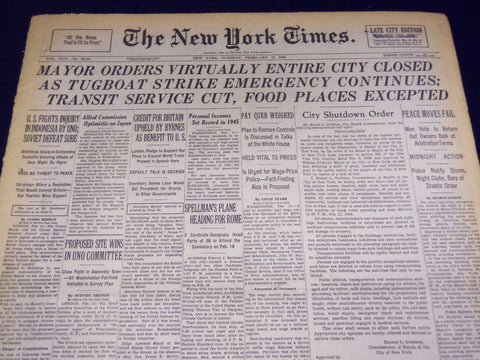 1946 FEB 12 NEW YORK TIMES MAYOR ORDERS VIRTUALLY ENTIRE CITY CLOSED - NT 893