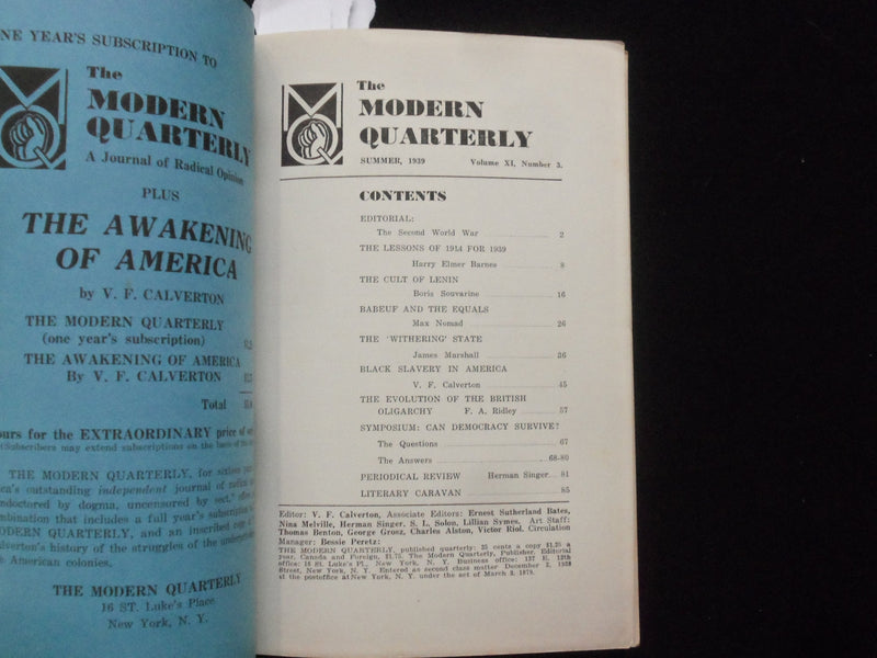 1939 SUMMER THE MODERN QUARTERLY MAGAZINE - BLACK SLAVERY IN AMERICA - J 9994