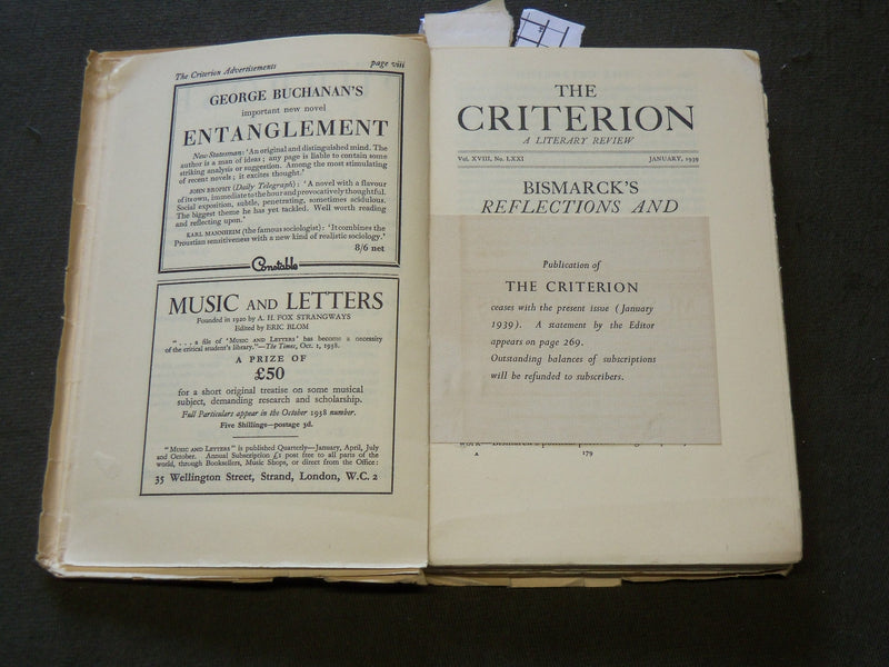 1939 JANUARY THE CRITERION QUARTERLY REVIEW MAGAZINE - POUND - MILLER - J 6159