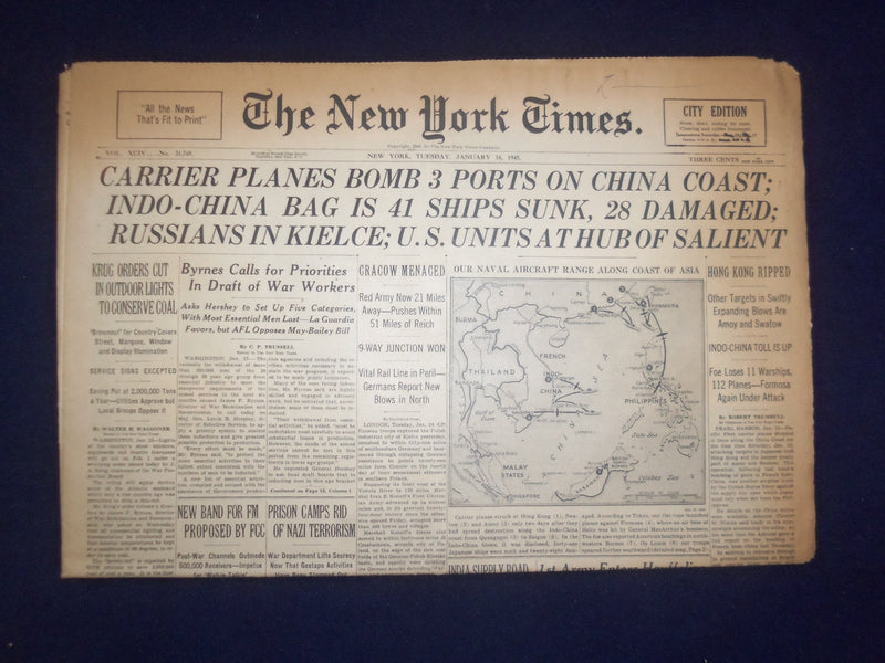 1945 JAN 16 NEW YORK TIMES - CARRIER PLANES BOMB 3 PORTS ON CHINA COAST- NP 6654