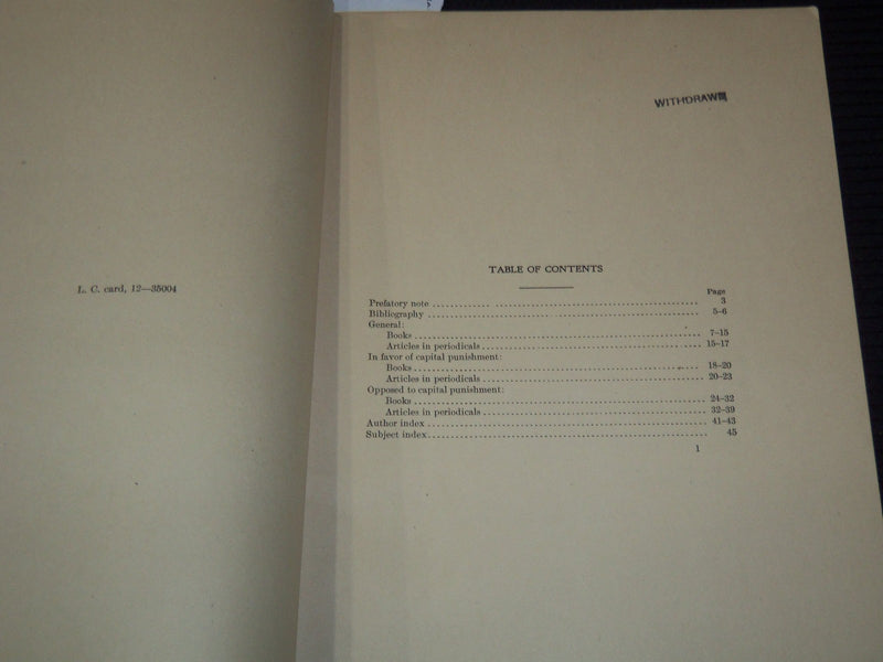 1912 CAPITAL PUNISHMENT SELECT LIST OF REFERENCES BOOK - HERMANN MEYER - K 3104