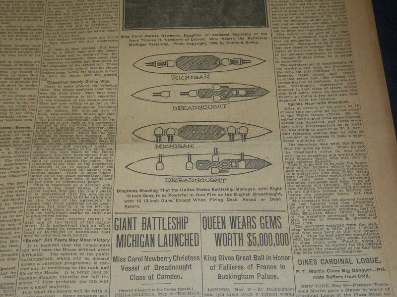 1908 MAY 27 THE BOSTON HERALD - GIANT BATTLESHIP MICHIGAN LAUNCHED - BH 75