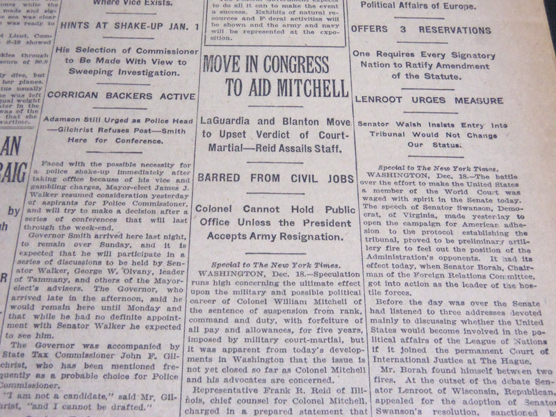 1925 DECEMBER 19 NEW YORK TIMES - MOVE IN CONGRESS TO AID MITCHELL - NT 5400