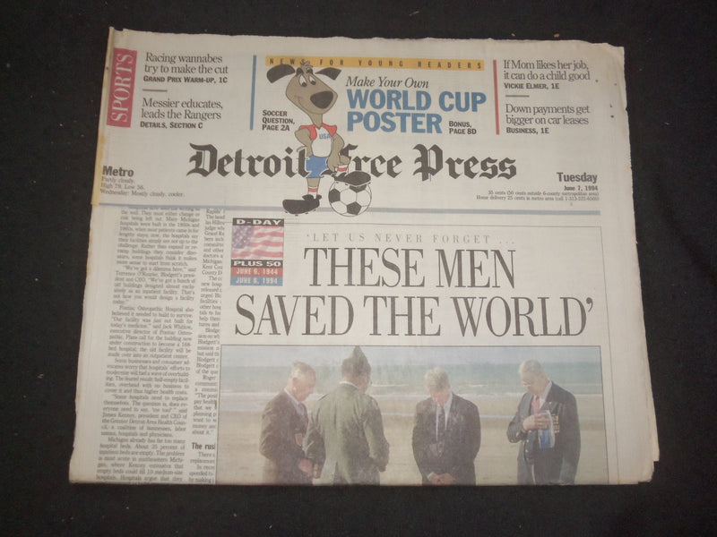 1994 JUNE 7 DETROIT FREE PRESS NEWSPAPER - D-DAY 50 YEARS LATER - NP 7696